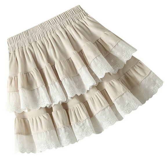 RUISINERY Women Aesthetic Sweet Layered Lace Trim Cake Skirt Double Tiered Velvets Elastic High Waist Short Skirt with Lining