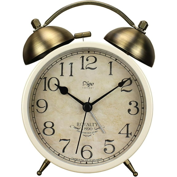Twin Bell Alarm Clock, Retro Analog Alarm Clock Silent Non-Ticking Quartz with Nigh Light, Small Desk Clock for Bedside Table, Battery Operated (White)