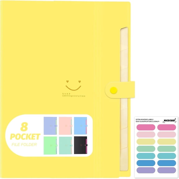 Expanding File Folder, 8 Pockets Accordion File Organizer, A4 Letter Size Paper Document Receipt Organizer Accordian Filing Folder for Classroom, Home, Office and Travel(Yellow)