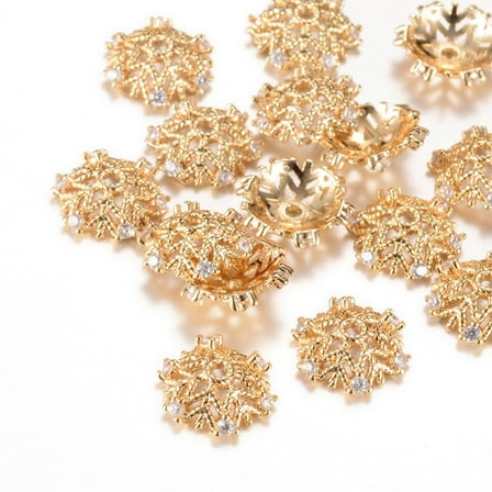 Brass Bead Caps with Rhinestone Flower Light Gold Crystal 12.5x3mm Hole: 1mm