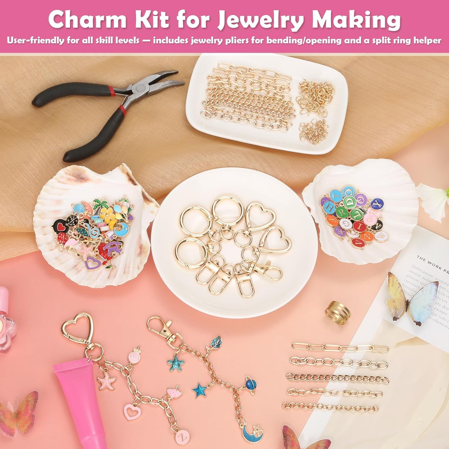 198Pcs Charms Lip Gloss Keychain Making Kit, DIY Craft Supplies with Charms, Key Chain Hooks, Jump Rings, Lobster Clasps, Chains & Tools, Jewelry Making Kit for Custom Keychains, Bags, Gifts