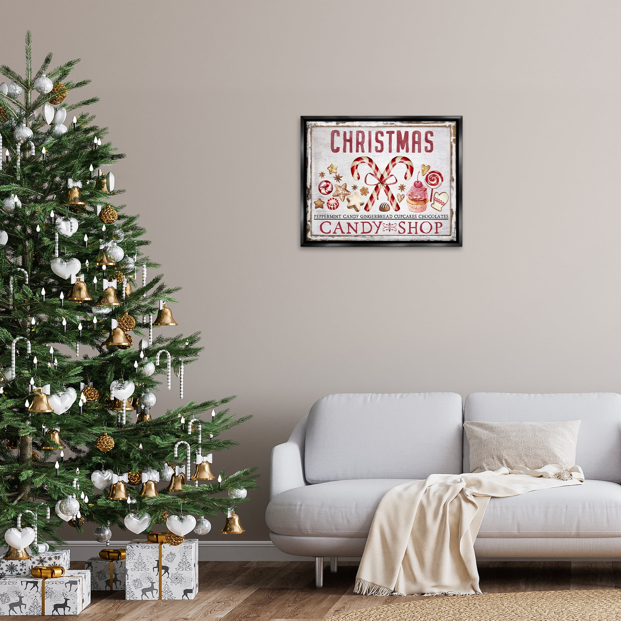 Stupell Industries Candy Shop Christmas Holiday Painting Black Floater Framed Canvas Art Prints Wall Art, 31 x 25