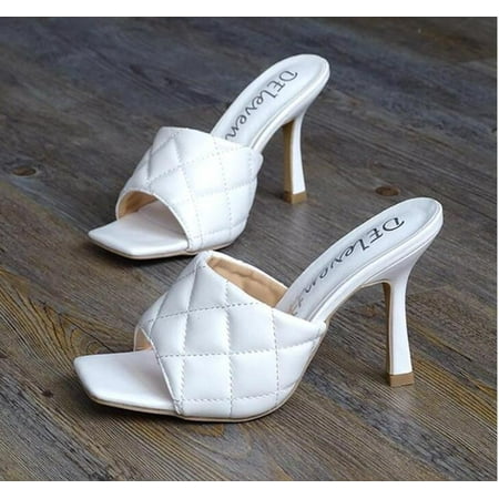 

Marian Sqaure Toe Red Quilted Mule Heels Shoe Black PU High Heel Shoes Women Sandals Sliper Woman Shoes Zapatos Mujer White Blue