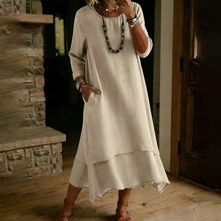 qolati Mother of the Bride Dresses for Women Summer Tiered Layered Midi Dress Flowy Casual Loose Long Sleeve Cocktail Wedding Guest Dreses with Pockets KhakiS