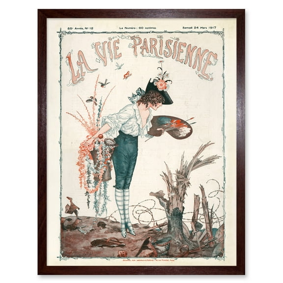 Vintage French Fashion La Vie Parisienne Spring 1917 WW1 Trench Magazine Cover Art Print Framed Poster Wall Decor 12x16 inch