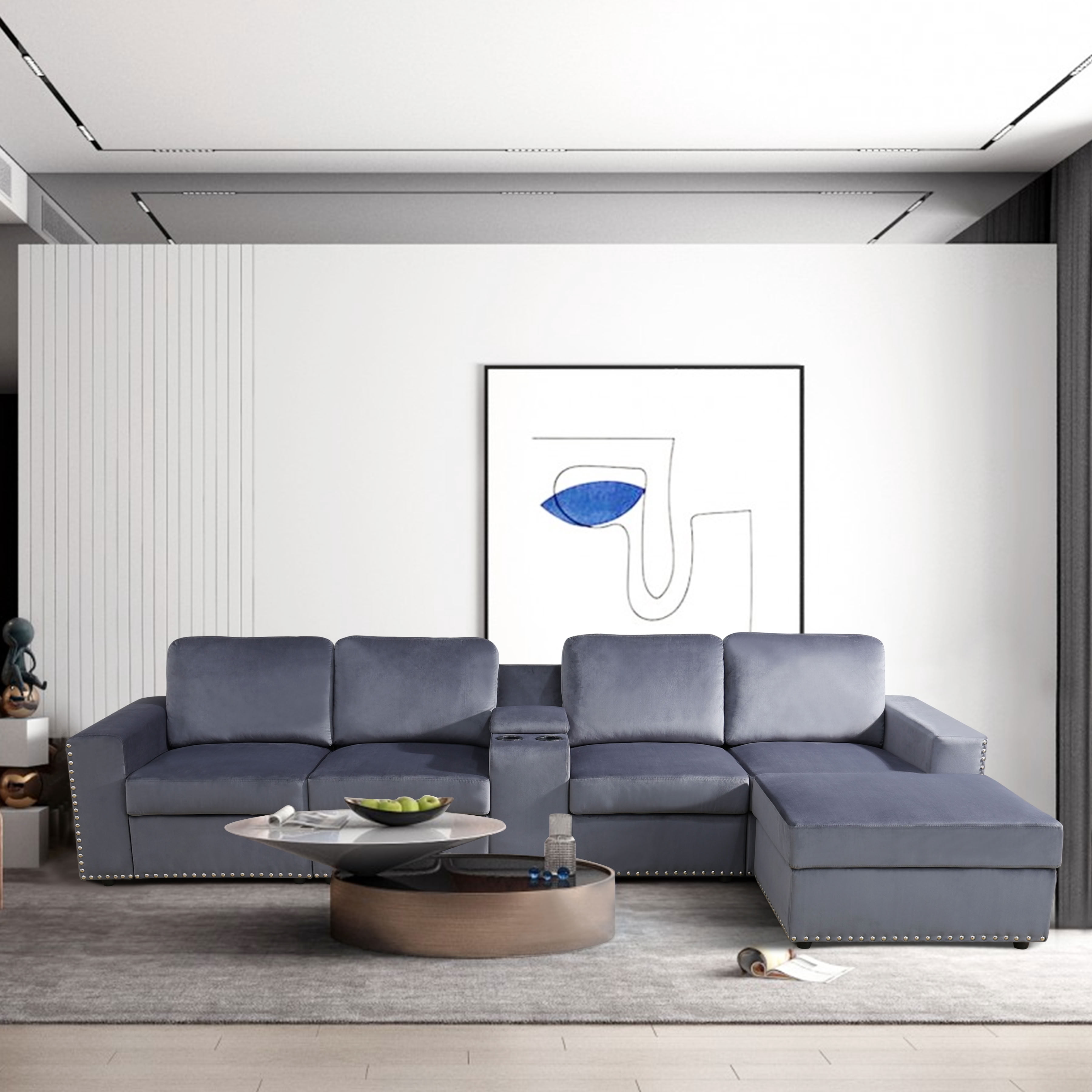 MAYEERTY Modular Sectional Sofa Set, Convertible Upholstered Couch with Ottoman, Console & Cup Holders, for Living Room Family Room Apartment, Dark Grey