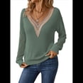 thumbnail image 2 of Suéteres de Larga para Mujer, de Otoño, con Encaje, Cuello en V, de Punto, Hombros Caídos, Jerseys, Tops. Verde M, 2 of 9