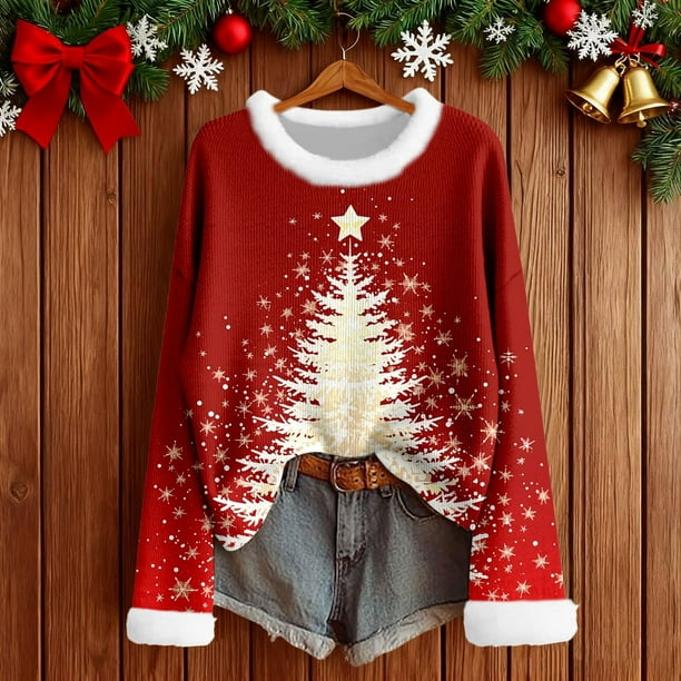 MHFRRA Camiseta Festiva de Manga Larga con Cuello y Estampado Festivo, Cómoda y Acogedora. Beige