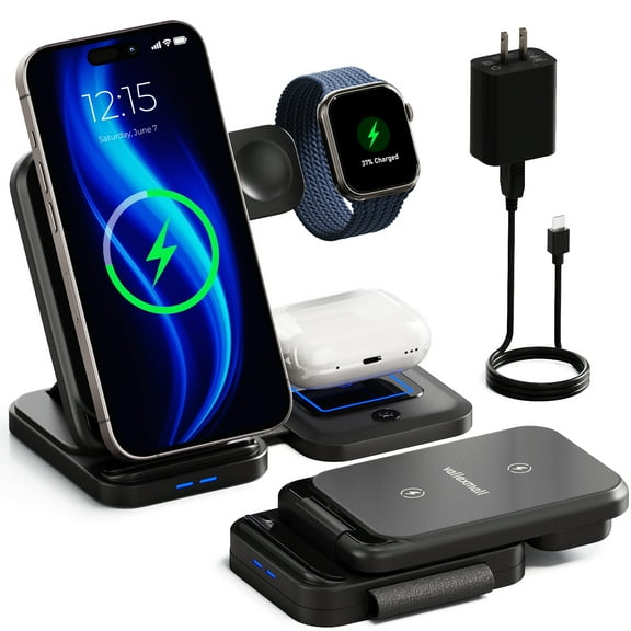 3 in 1 Wireless Charging Station for Multiple Apple Devices, iPhone 15 14 13 12 11 Pro Max XS XR X 8 Plus, Apple Watch 9 8 7 6 5 4 3 2 SE, AirPods 3 2 Pro, Samsung, Fast Charger Foldable Dock Stand