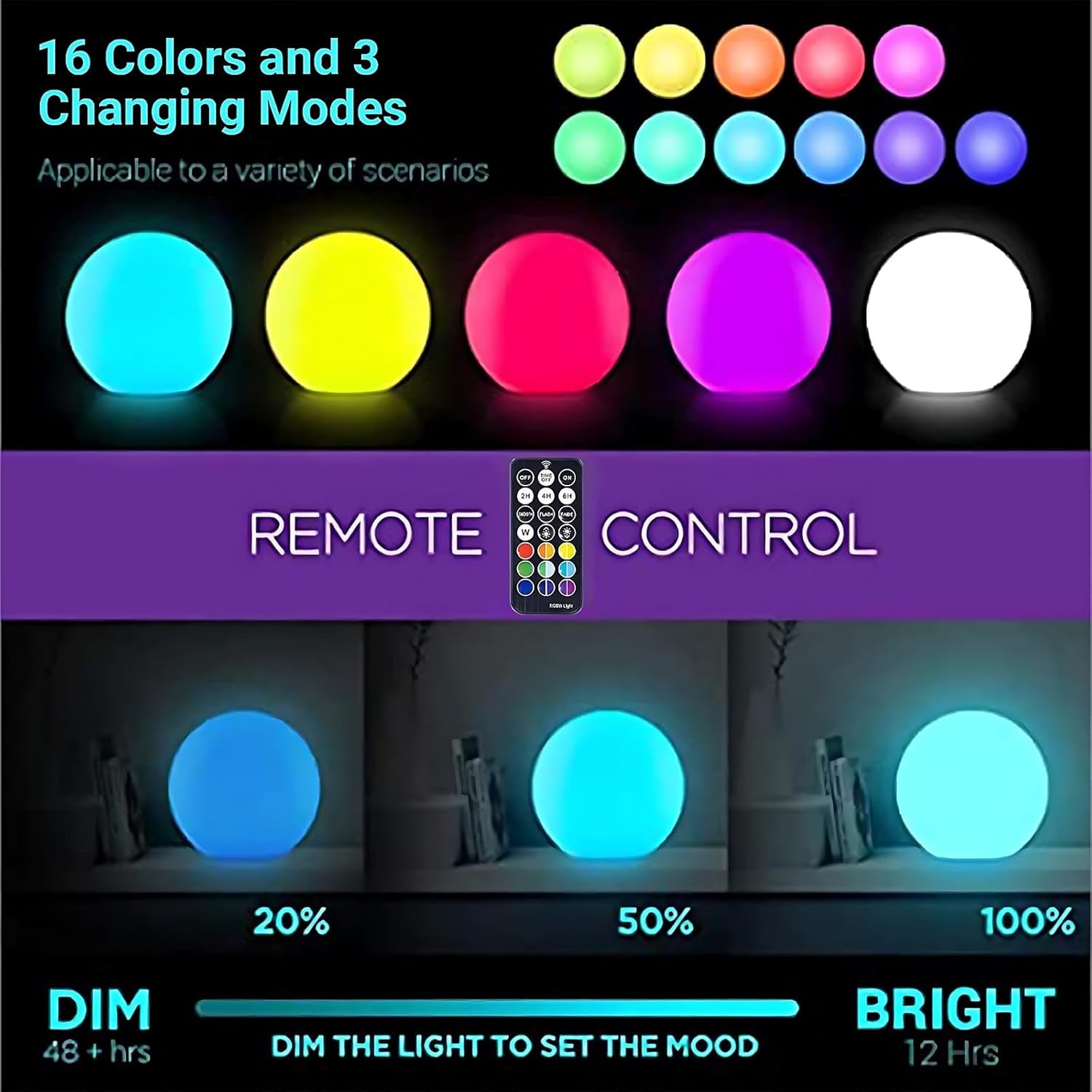 LED Night Light Ball, 6/8/12-inch 16 RGB Colors and Dimmable Globe Light with Remote, Upgraded Folding Handle, Seamless Matte Housing, Rechargeable IP65 Floating Pool Light, for Nursery or Decor