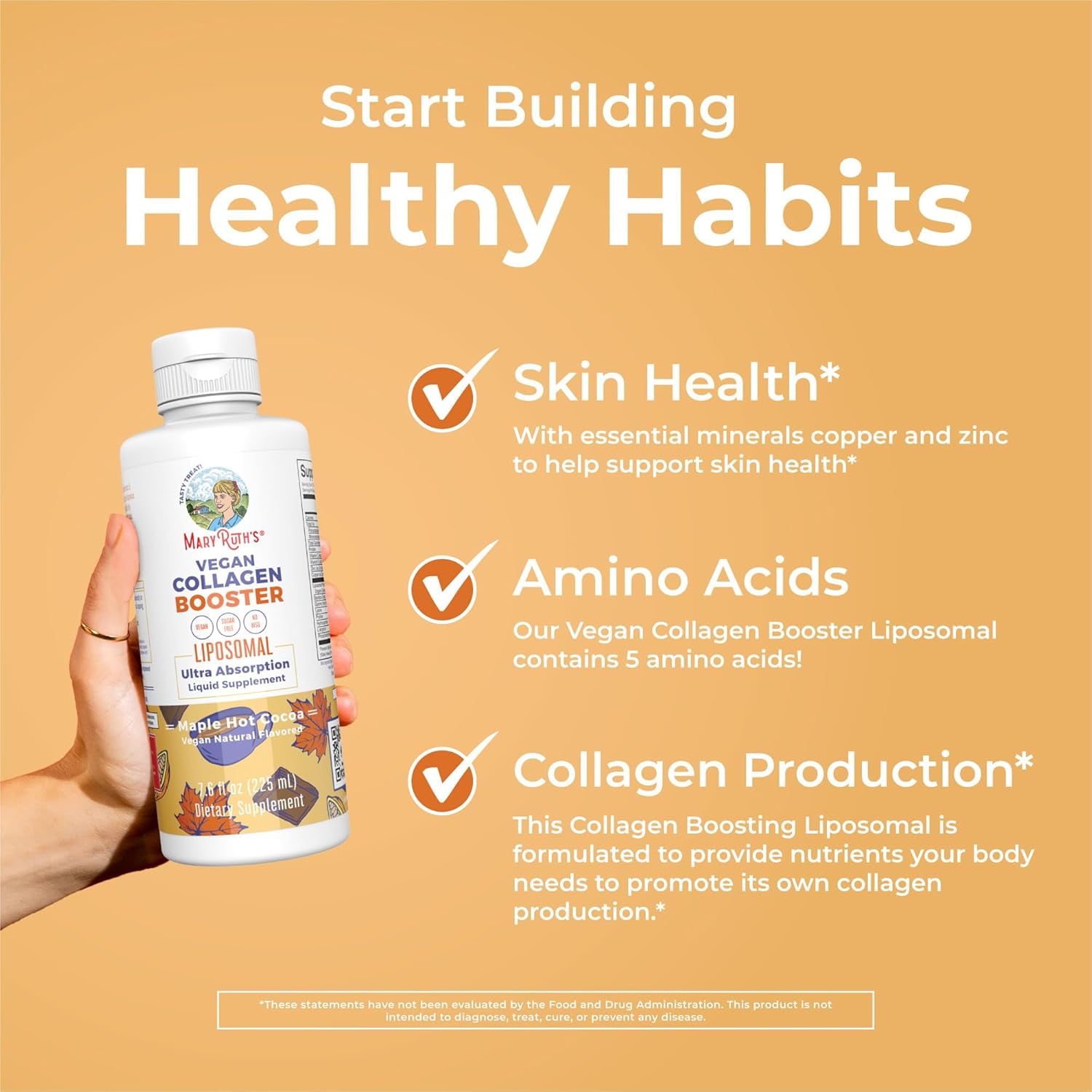 MaryRuth's Collagen Booster Liposomal Vitamin C, E, Zinc, Copper, Maple Hot Cocoa Flavor, Vegan, Adults, Unisex, 1-Count, 7.6 fl oz (225 mL)