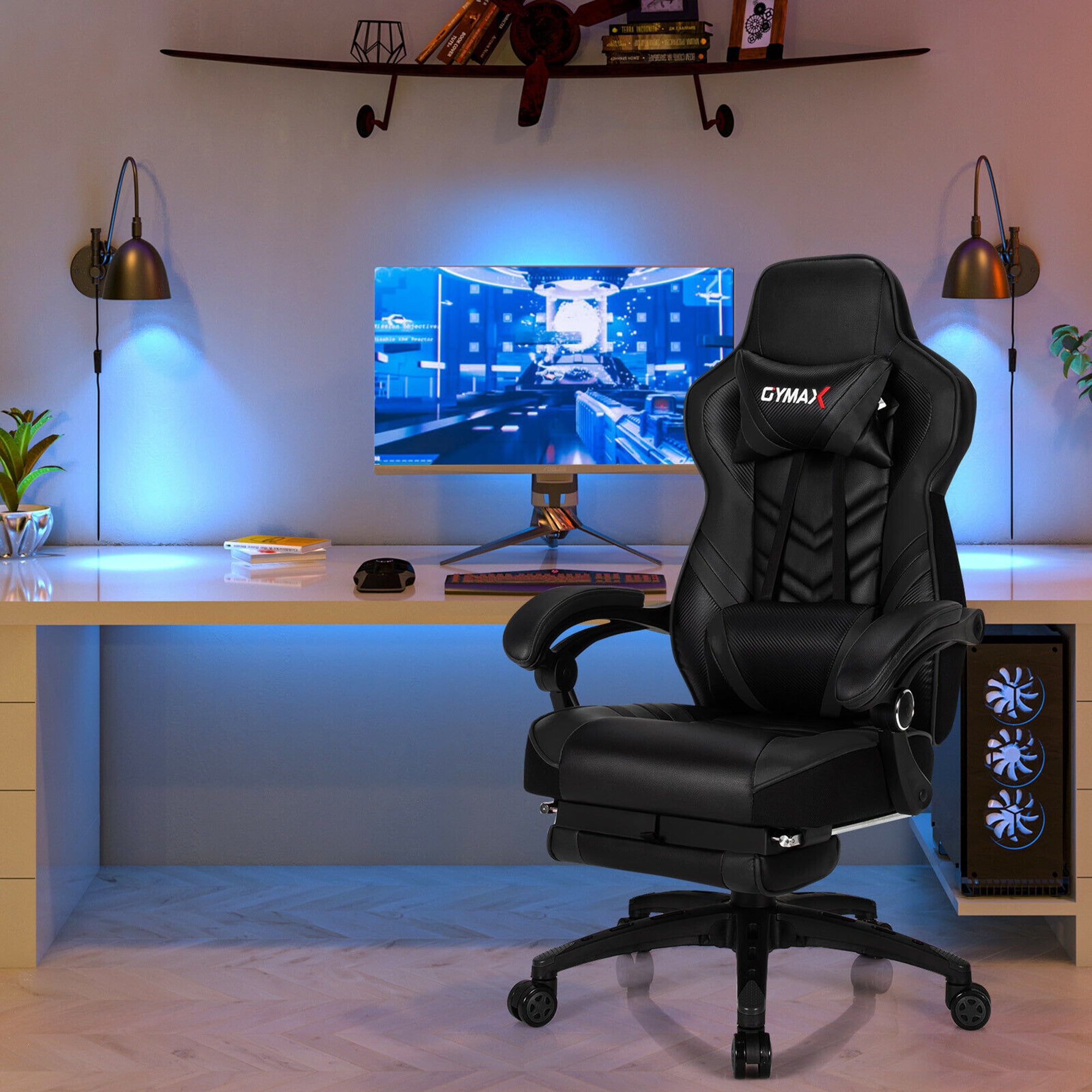 Gymax Office Computer Desk Chair Gaming Chair Adjustable Swivel w/Footrest Black