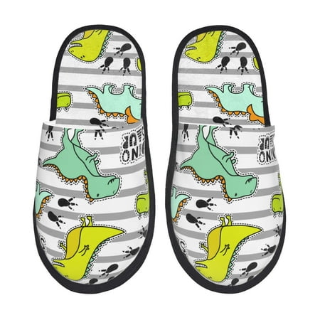 

Sikiie Funny Dinosaurs on Stripes Fuzzy Slip-on Slippers Warm Cozy Soft Lightweight Memory Foam Indoor House ShoesMedium