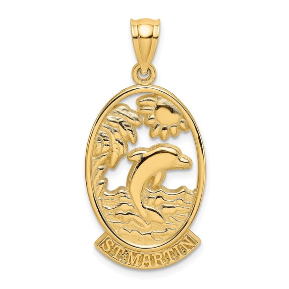 FB Jewels 14K Yellow Gold St. Martin with Dolphin and Sunset In Frame Pendant