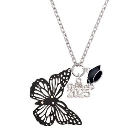 Delight Jewelry Acrylic Cut Out Butterfly Black - Silver-tone Class of 2025 Graduation Zoey Necklace, 28"
