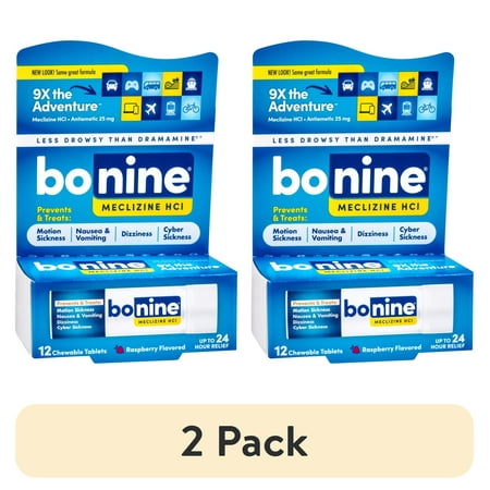 (2 pack) Bonine Motion Sickness and Nausea Relief Travel Pack, Chewable Tablets, Raspberry, 12 Ct