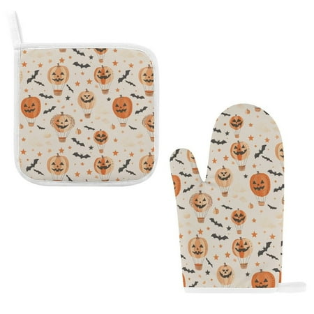 

ZZZHY Pumpkin Balloon Halloween Design-985 Oven Mitts and Pot Holders Sets Heat Resistant Oven Gloves Cute Kitchen Mitts for Oven 2-Piece Baking Gloves Set for Cooking Grilling Baking