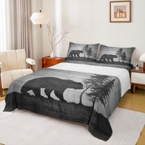 Homewish Wildlife Bear Print Queen Sheet Sets, Grey Rustic Lodge Cabin Flat Sheet, Farmhouse Theme Queen Fitted Sheet, Luxury Bedroom Decor, 4-Piece