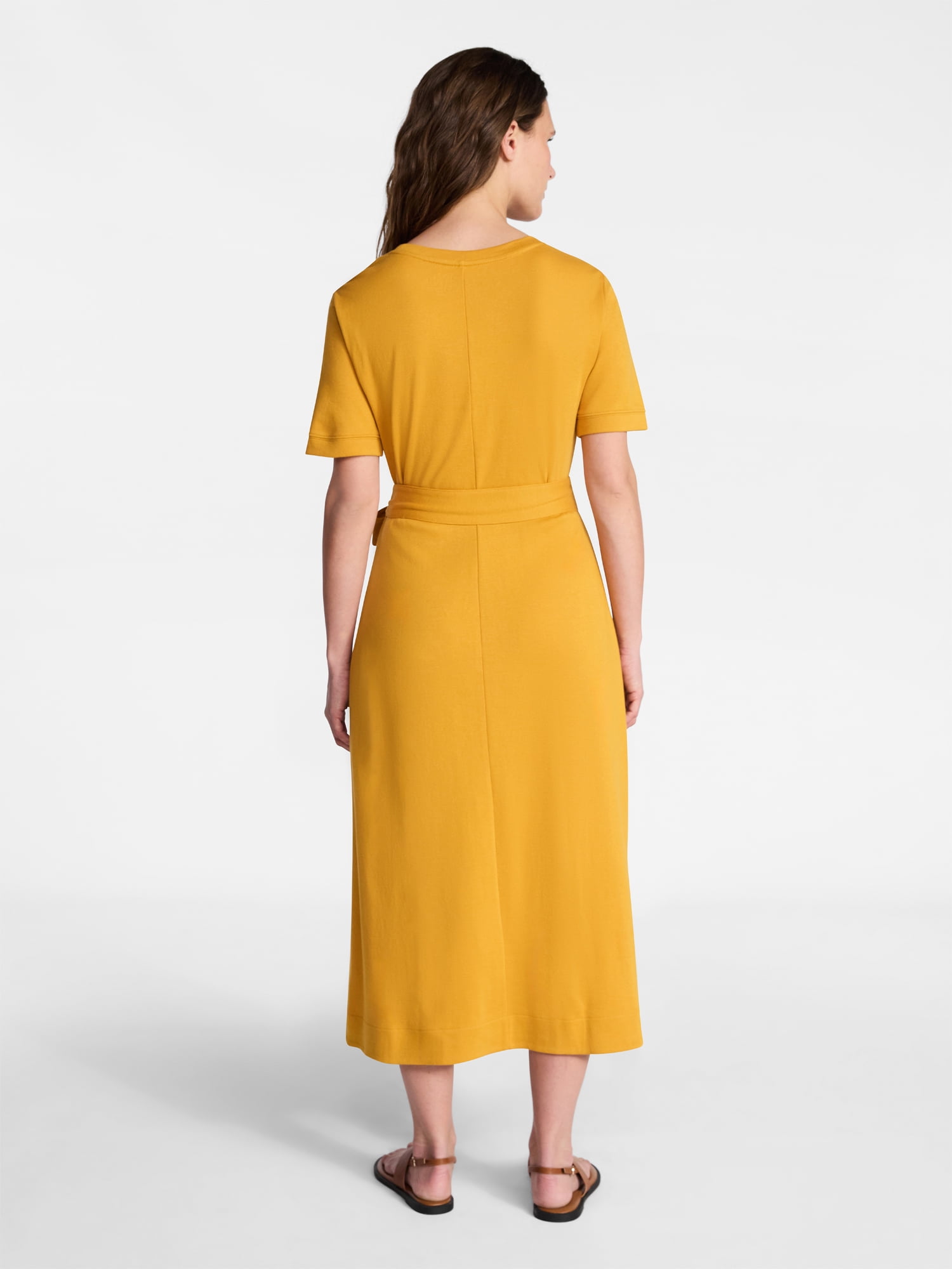 Time and Tru Women's Cotton Tie Front Midi Dress with Short Sleeves, Sizes XS-XXXL