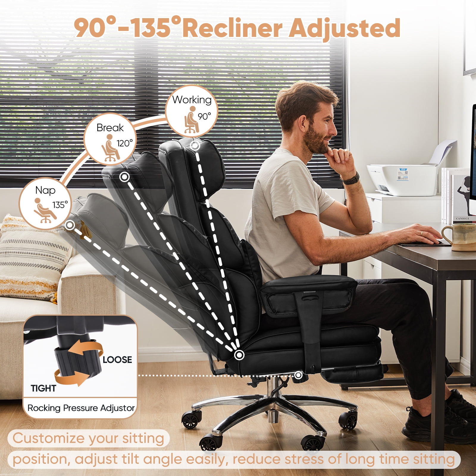 GIANNA Executive Home Office Desk Chair with Swivel Wheels, Footrest & Lumbar Support, Reclining Height Adjustable, Black