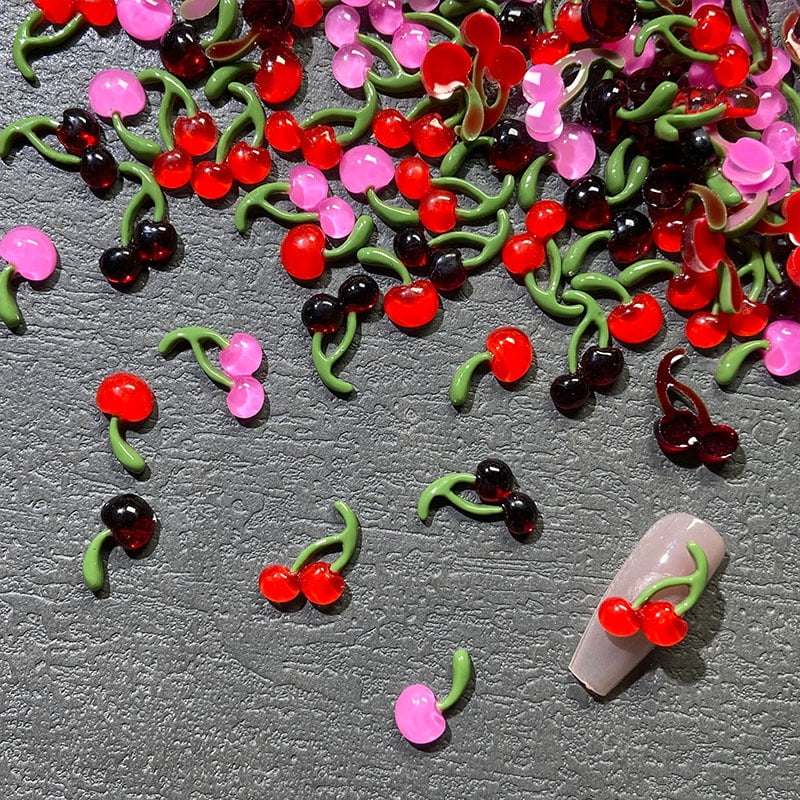 100PCS Cherries Nail Charms 3D Colorful Cherry Nail Rhinestones Summer Fruit Nail Jewels Design Accessories for Nail Supplies DIY Nail Craft