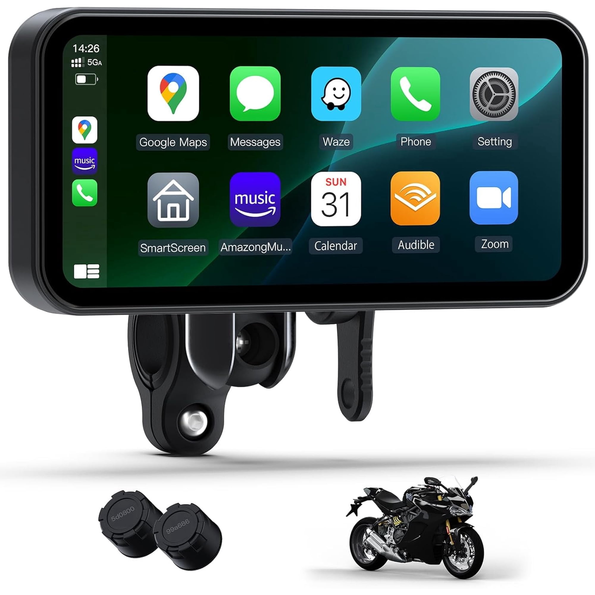 APHQUA 6.25 Inch Motorcycle Car play Screen Android Auto Radio with TPMS, Motorcycle Speakers Bluetooth Waterproof, TF Card, GPS Navigation, Voice Control (A622)
