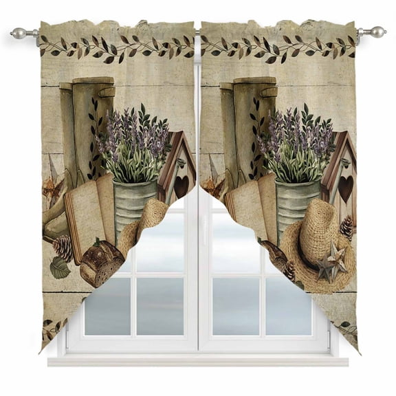 Vintage Farmhouse Swag Valances for Windows 2 Pack, Kitchen Window Curtains 36 Inch Length, Retro Country Boots Flowers Leaf Wooden Plank Privacy Swag Curtains for Living Room/Bathroom 36"x36"