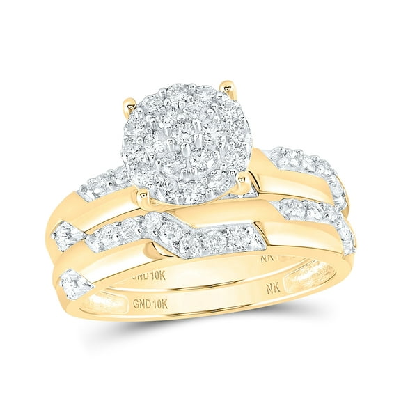 10K Yellow Gold His Hers Round Diamond Cluster Matching Wedding Set 1ctw, Womens Size: 5-10, Mens Size: 7-13