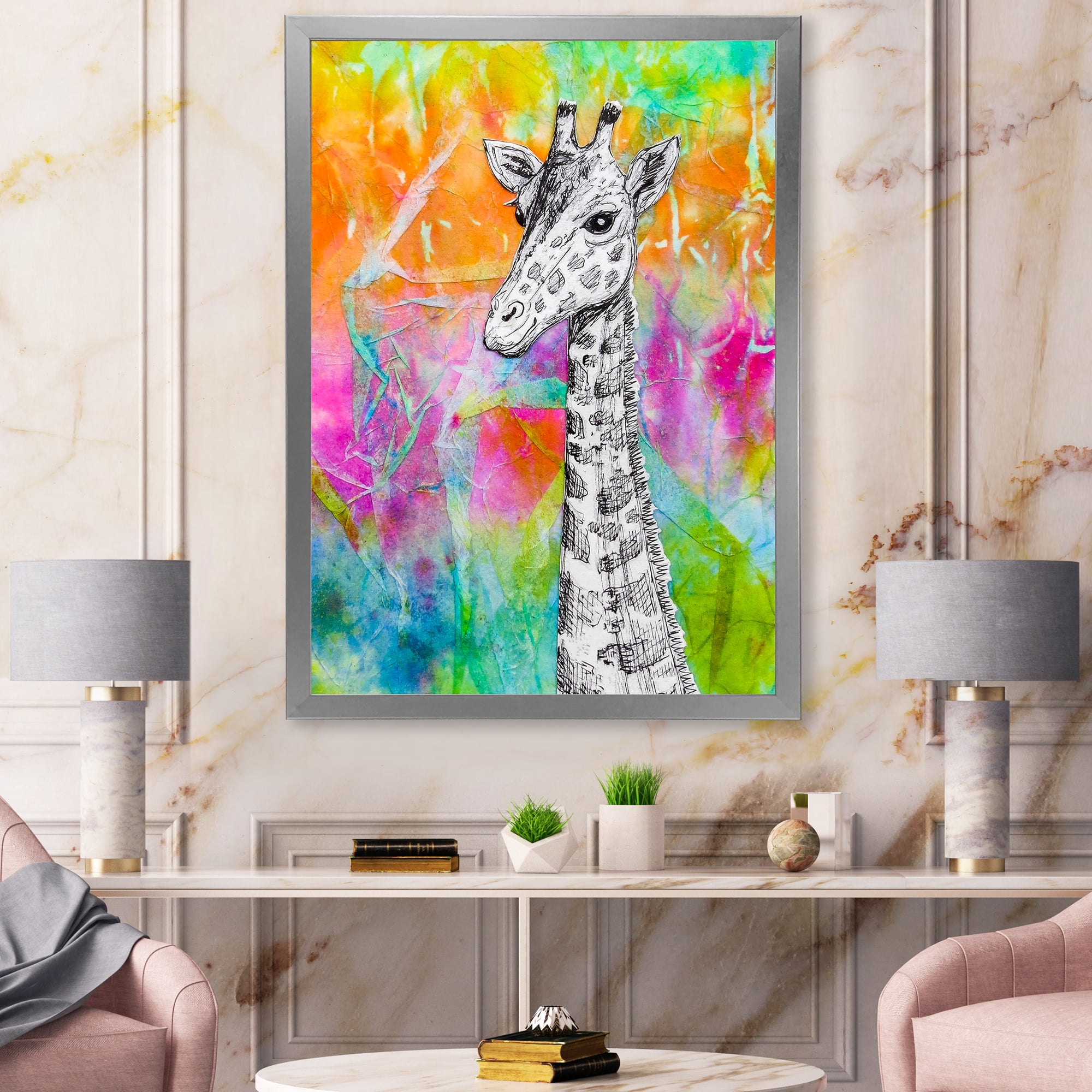 Designart 'Monochrome Giraffe Drawing On Bright Rainbow' Children's Art Framed Art Print