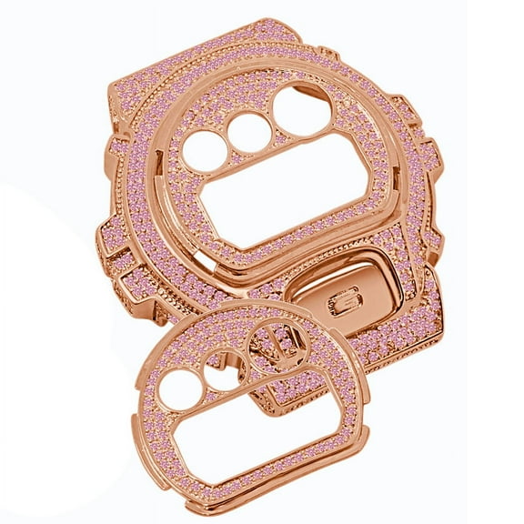 14K Rose Gold Finish With Pink Simulated Diamonds Face Plate   Bezel   G Button 3 Piece Combo Set G-Shock DW6900 4.50 Cwt. Simulated Diamond Watch Custom Insert Cover Case