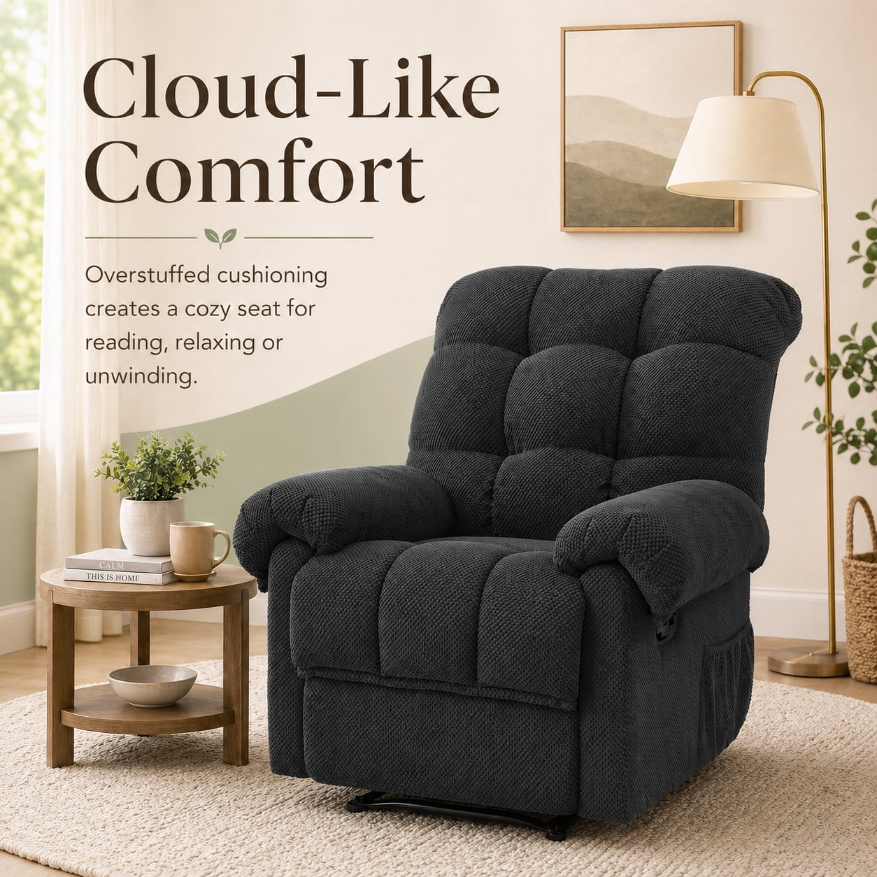 Miniyam Overstuffed Recliner Chair with Plush Armrests, Adjustable Ergonomic Recliner, 105° to 165° Reclining, Gray