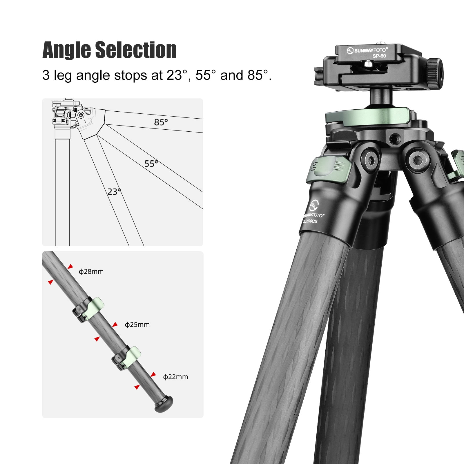 Sunwayfoto TL2830CS-D Carbon Fiber Tripod with Lever Locks for Hunting with Inverted Ball Head,3 sections, 44lb(20kg) Load