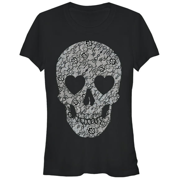 Junior's Lost Gods Halloween Lace Print Heart Skull Graphic Tee Black Medium