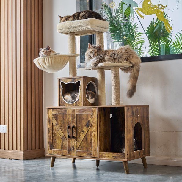 Wood Tall Cat Tree Tower with MultiLayer Platform Cat Tree for Large