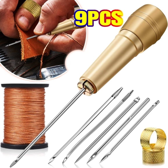 6 Pieces Aguja Para Coser Carne De Cerdo, Leather Sewing Awl Needle with Copper Handle, Upholstery Repair Kit 50 M Nylon Cord Thread and 2 Pieces Thimble for Leather Sewing Tools