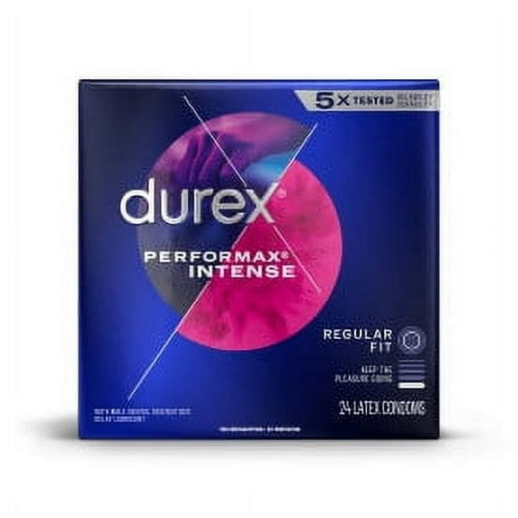 Durex Performax Intense Natural Rubber Latex Condoms, Regular Fit, 24 Count (Pack of 3), Contains Desensitizing Lube for Men, FSA & HSA Eligible (Packaging May Vary)