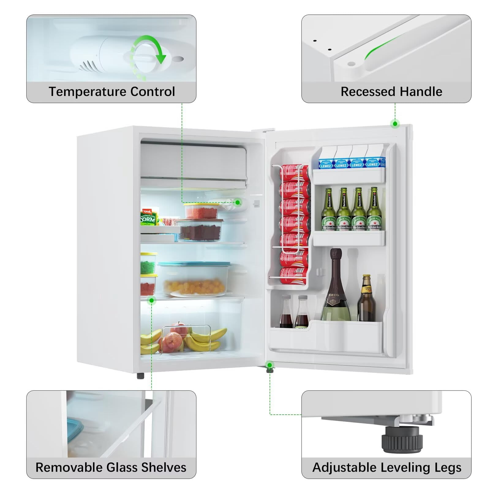 EastVita 4.3 Cu.Ft. Single Door Compact Refrigerator with Freezer - Slide Out Glass Shelf Compact Fridge for Bedroom Office Dorm-White