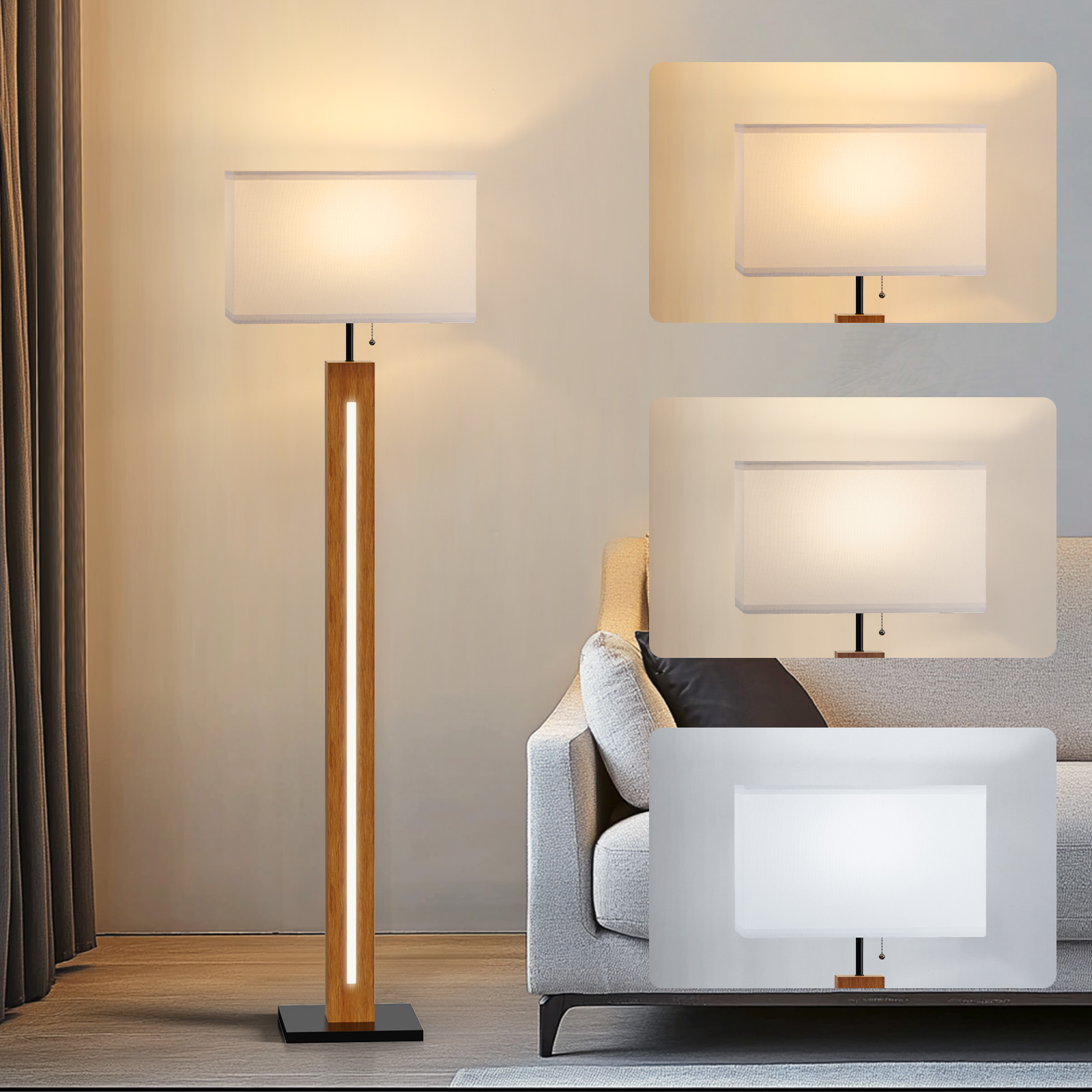 58.9'' Farmhouse Wooden Floor Lamp built-in LED beads, White Rectangular Linen Shade for Bedroom (Bulb included)