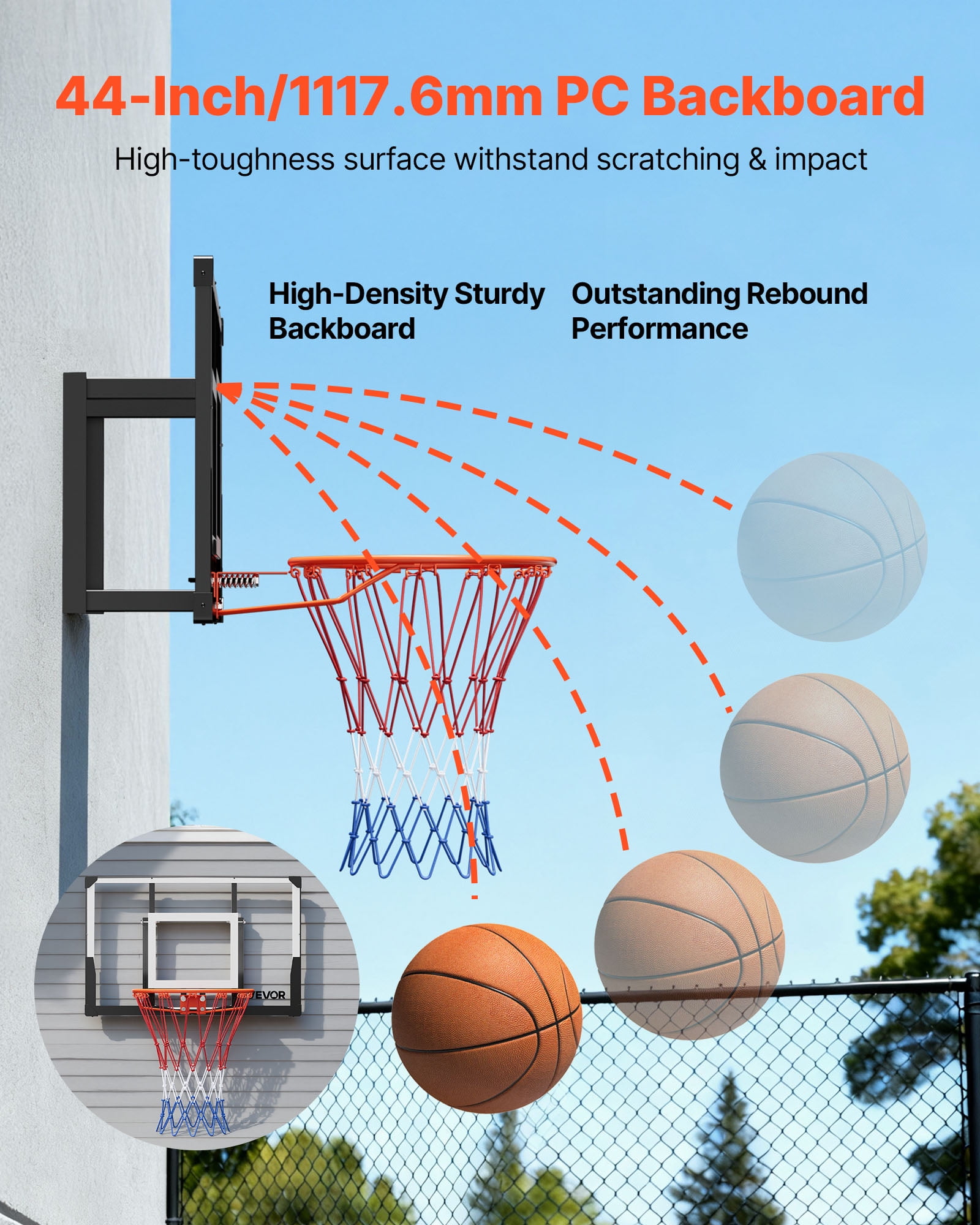 VEVOR Wall Mount Basketball Hoop, 44-inch PC Backboard Mounted Basketball Hoop Outdoor with Solid Steel, 0.08 inch Thickened Backboard, Thickened Woven Nylon Basketballs Net, Indoor & Outdoor Use