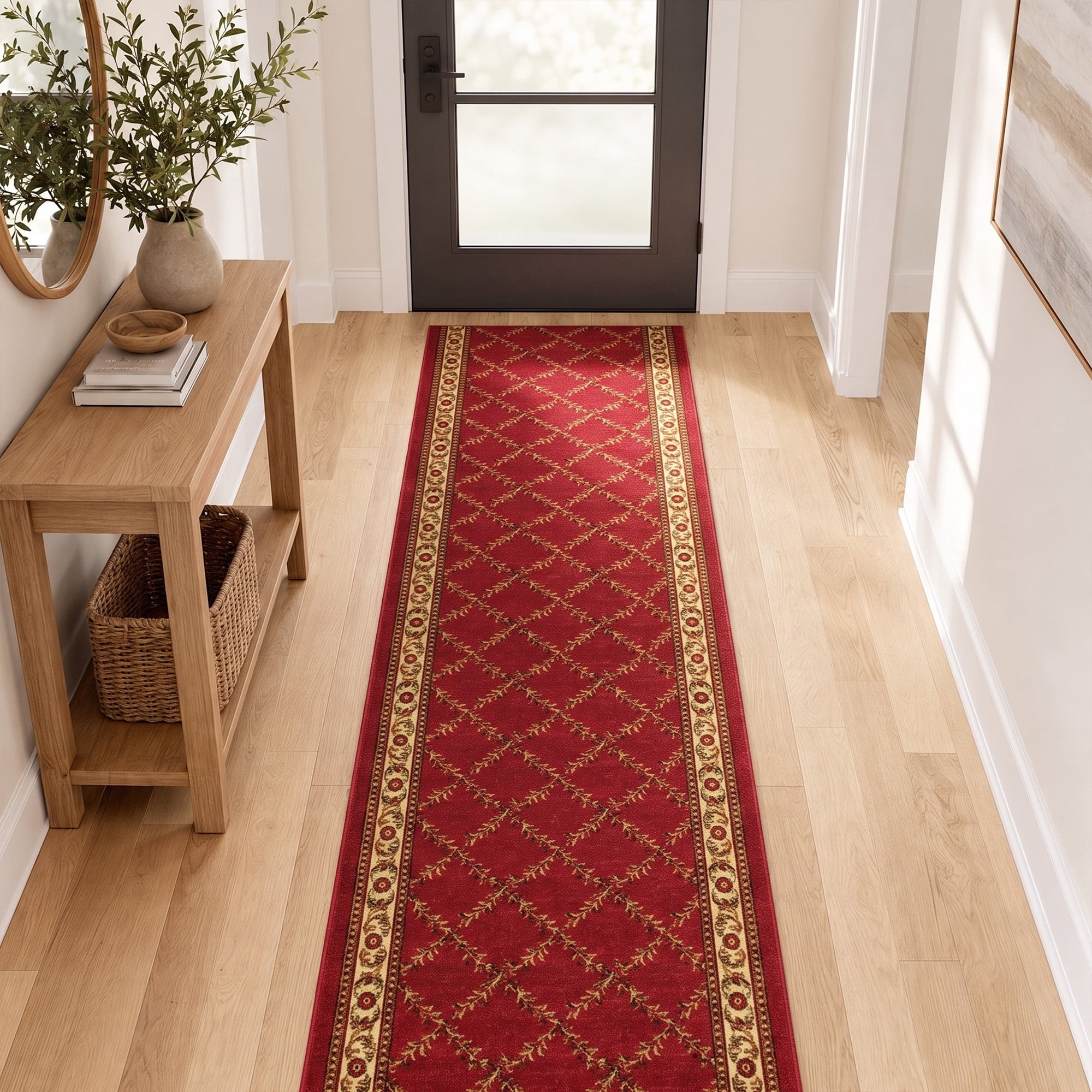 Ottomanson Extra Long Runner Rug 2'7" x 15' – Non-Slip Low Pile Hallway Carpet, Trellis Burgundy Red