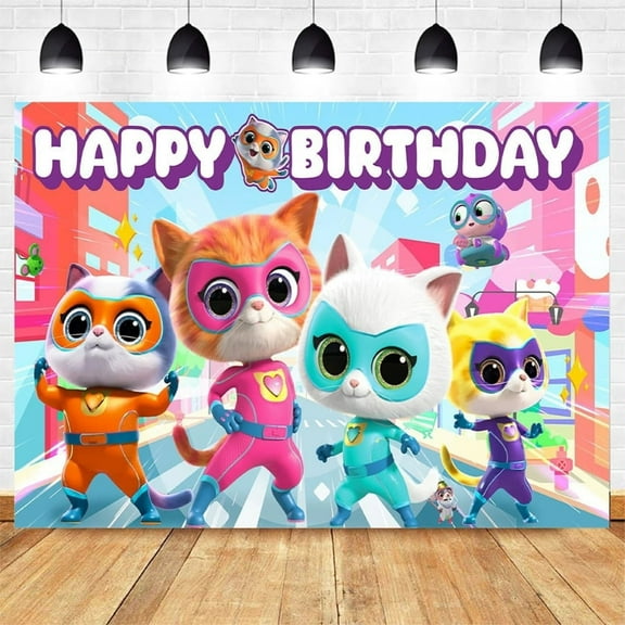 Super Kitties Theme Birthday Flag Background Banner Children's Party Decoration supplies Photography Photo Prop ,70.8x43.3inch.