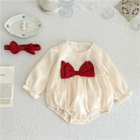 

FZM Christmas Baby Girls Autumn Bowknot Cotton Long Sleeve Romper Bodysuit Headbands Clothes