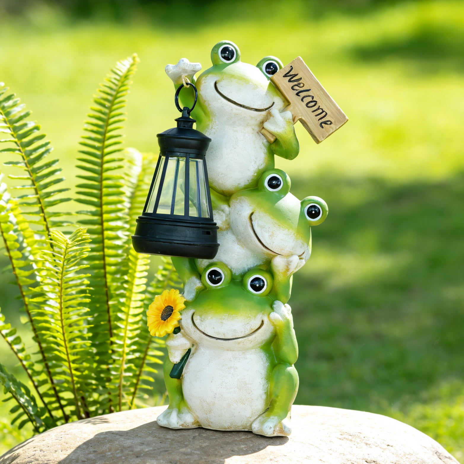 Solar Lantern Frog Garden Decoration with Sunflower Creative Stacking Frogs Welcome Sign Outdoor Art Durable Resin Yard Decor Solar Frog Statue Night Light for Garden Patio Courtyard Perfect Gift