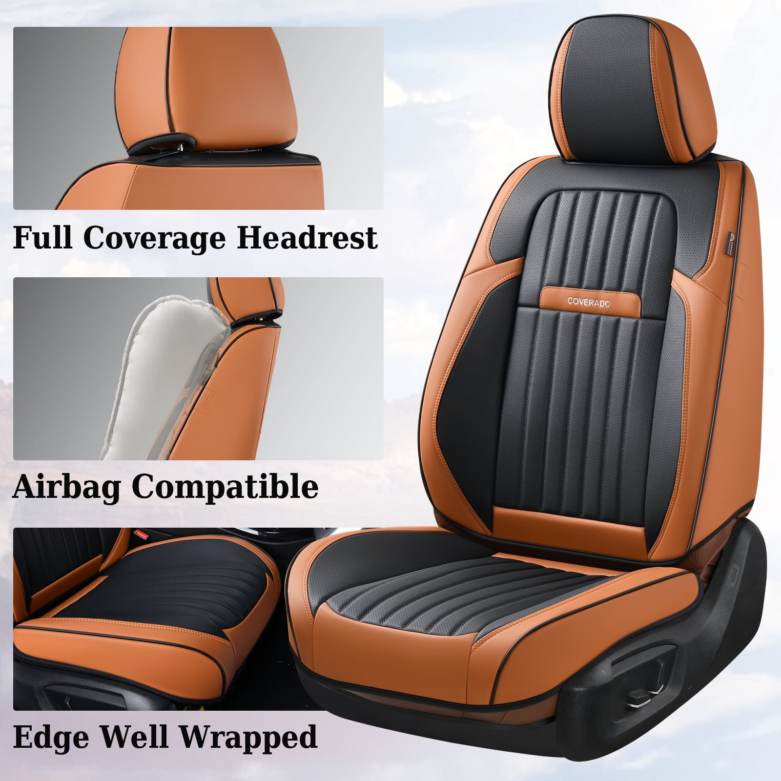 Coverado Car Seat Covers Full Set, Black&Brown Front and Rear Seat Protectors, Waterproof Faux Leather Universal Fit for Most Cars