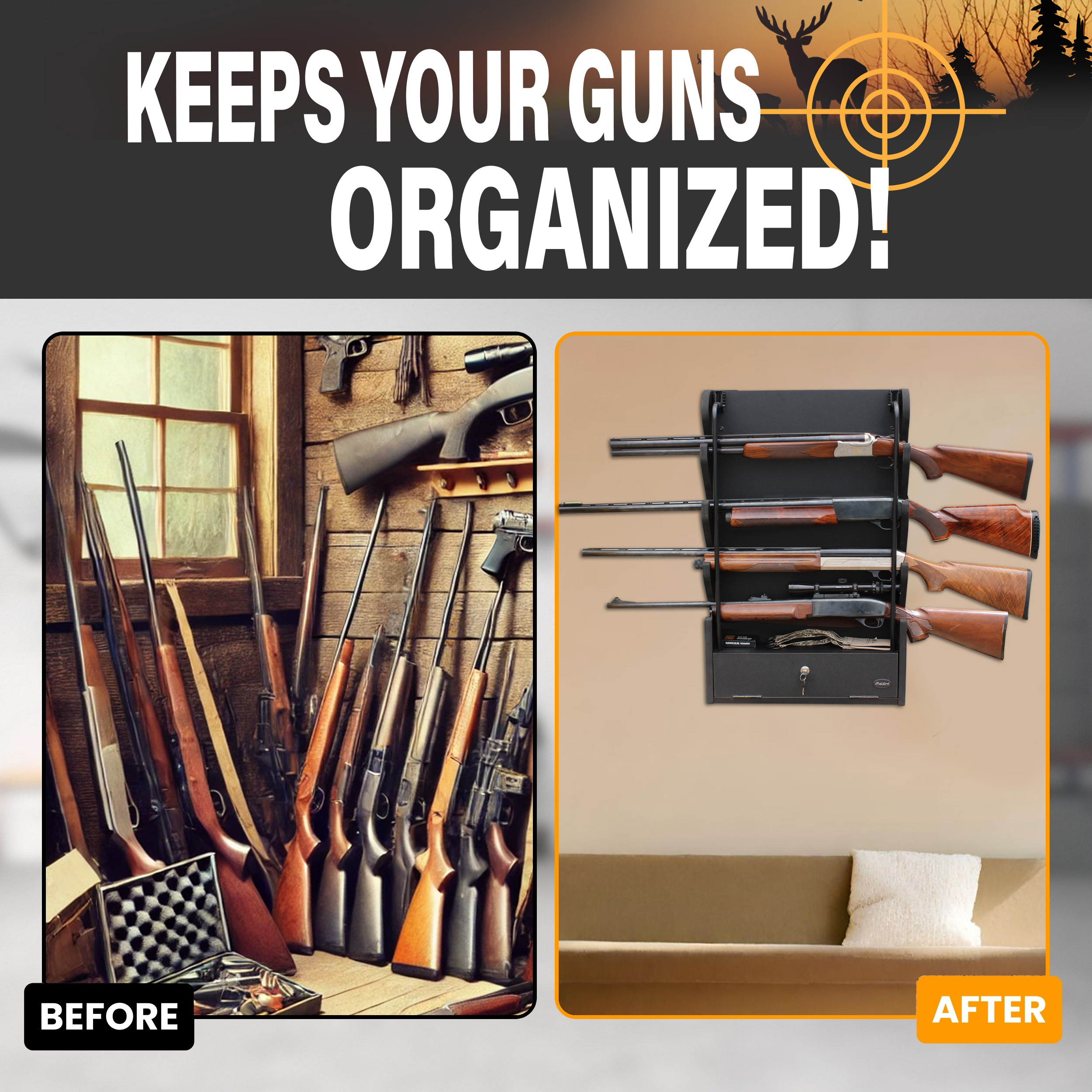 Rush Creek Creations 4 Gun Rack Wall Mount with Storage Compartment and Locking Bar