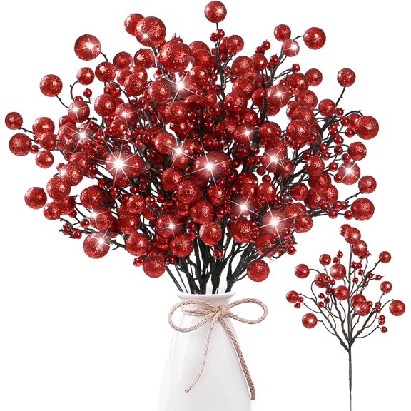 12Pcs Christmas Artificial Berry Stems,11.4In Artificial Red Berry Branches,Holly Picks Stems Christmas Tree Ornaments for Christmas,Tree Decoration,Holiday,Crafts