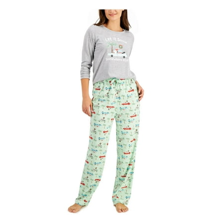 

FAMILY PJs Sets Green Elastic Band Graphic Long Sleeve Crew Neck T-Shirt Straight leg Sleepwear Size S
