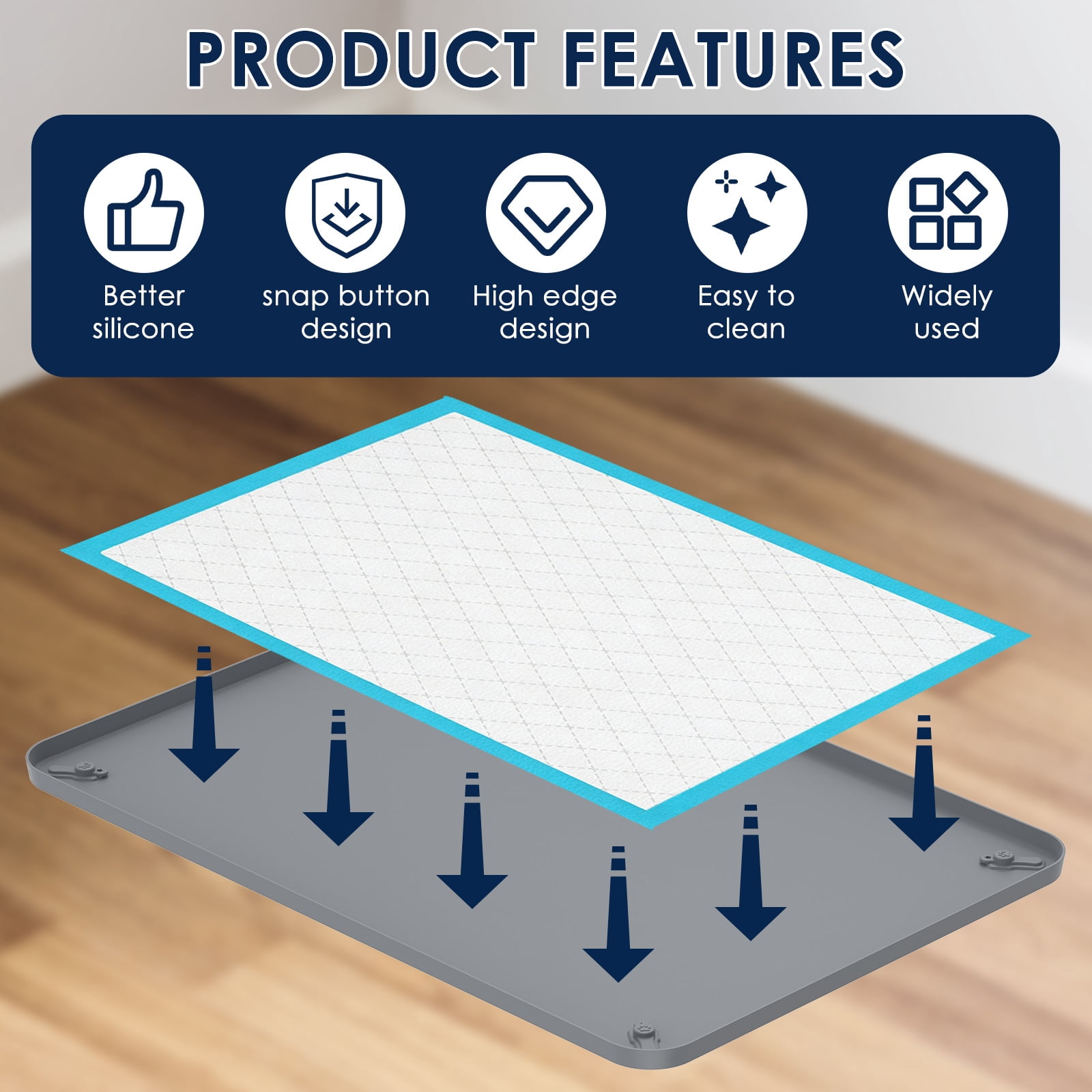 Pee Pad Tray Holder for Dogs - Fits Up to 36.3x25.28 in. Square Potty Training Pads No Spill Raised Lip High Edge Silicone Mat, Extra Thick and Non-Slip for Indoor Floor Protection (L, Grey)