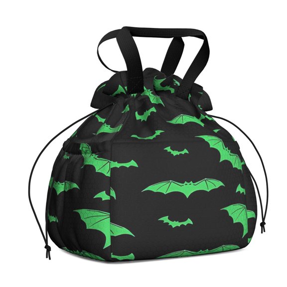 Black Halloween Bats with Green Drawstring Lunch Bag Women - Drawstring Lunch Bag Insulated for Work Office - Stain-Resistant Large Lunchbags for Women with Multi-Pockets