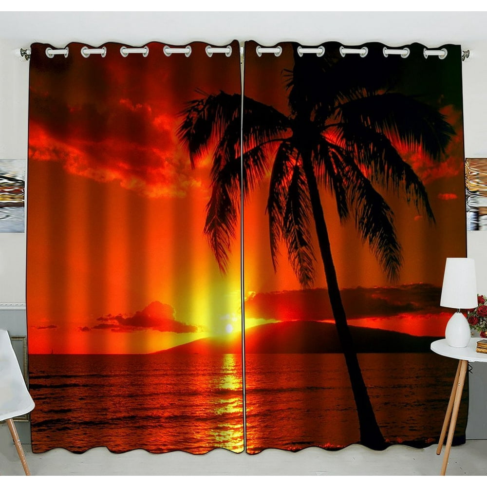 GCKG Hawaii Summer Beach Palm Tree Blue Sea Sunset Window Curtain ...